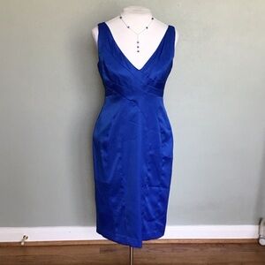Jones Wear Dress Satin Midi Royal Blue V-neck Sleeveless Sheath Dress Size 6